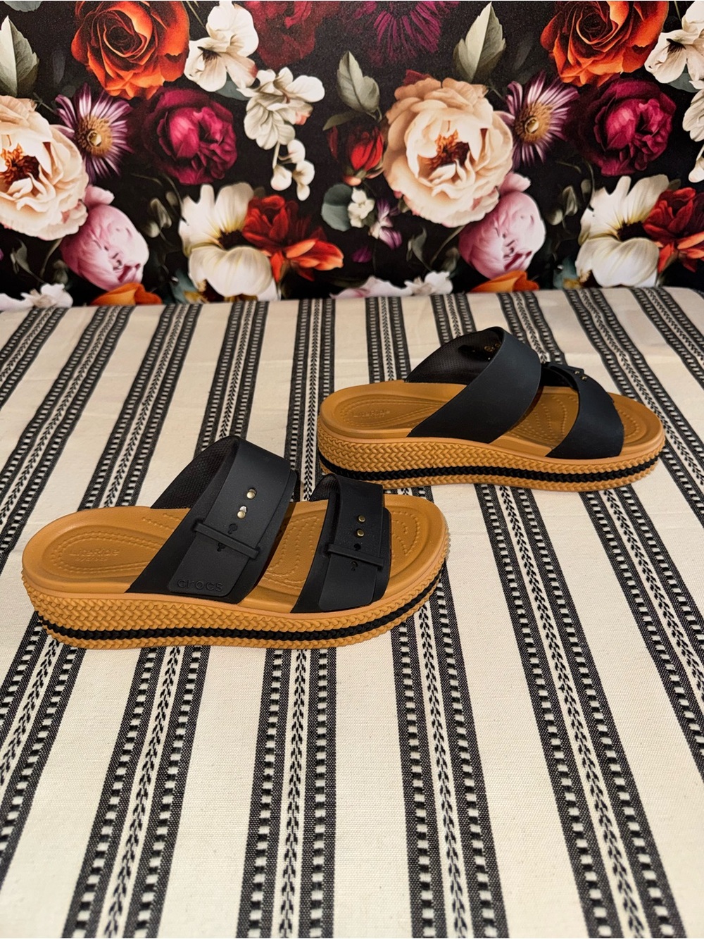 CROCS Double - Strap Black and Tan Platform Sandals, Size 7 - Picture 3 of 15